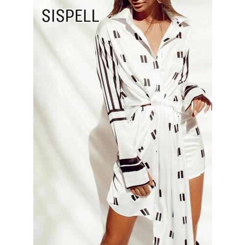 SISPELL Print Striped Dresses For Girls Lapel Collar Long Sleeve High Waist Patchwork Ruched Womens Elegant Dress 2020 Fashio