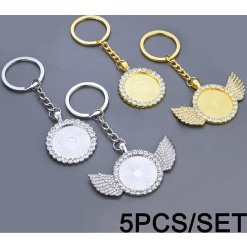 5PCS/SET Blank Keychain Base Fashion Crystal Wings Jewelry Pendant Keyring Shiny Glass Rhinestone Key Chains Holder Assessories