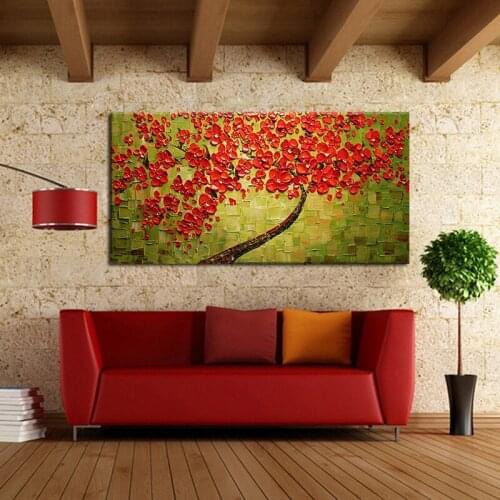 Free shipping Abstract Beautiful Red Flower Tree Knife Oil Painting On Canvas Flower Picture Wall Art Home Decor Nice Gift