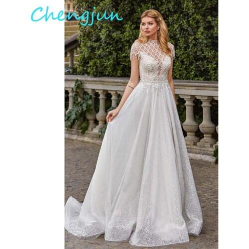Chengjun Vintage Cap Sleeves A Line Lace Crystal Applique Beaded Wedding Dress