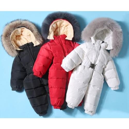 Kids Baby White Duck Down Snowsuit Winter Children Clothes Outwear Real Fur Toddler Boys Girls Jumpsuit Romper Thick Down Coat