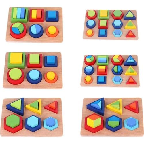 Children Wood Shape Matching Puzzle Board Montessori Stacking Sorting Shape Recognition Preschool Toy Birthday Gift