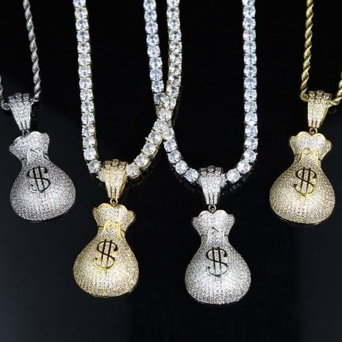 Iced Out Bling 2021 Valentines Day Gift HipHop Boyfriend Money Bag US Dollar Symbol Pendant 5A CZ Tennis Chain Men Necklace