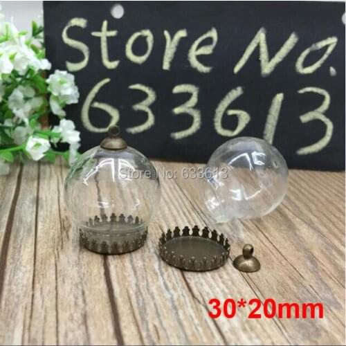 Freeshipping perfect 30*20mm Glass bubble globe & bronze crown setting &6mm cap&70cm necklace Set glass bottle vials pendant DIY