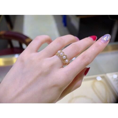 18K import Solid Yellow Gold Jewelry(AU750) Women Single Grain AkoyaPeas Weaving Lace ring Chain Natural Seawater Pearl Lady