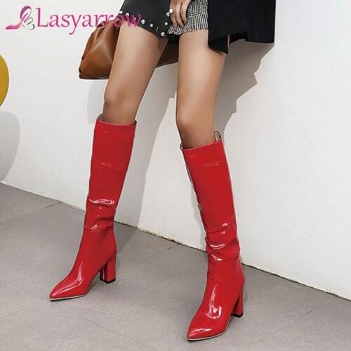 Lasyarrow 2020 Fashion Faux Patent Leather Knee High Women Winter Boots Block High Heels White Black Womens Shoes Pointed Toe