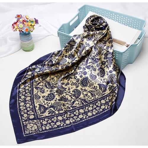 Fahsion Floral Print Hijab Scarf For Women Silk Satin Head Scarfs Female 90*90cm Square Shawls and Wraps Scarves For Ladies 2020