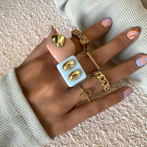 Vintage Punk Candy Color Acrylic Letters Lock Alloy Rings Set for Women Ladies Fashion Geometric Finger Knuckle Rings Jewelry