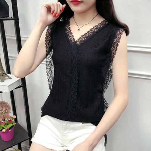 New womens Spring Summer Style Lace Blouses Shirts Womens Patchwork V-neck Sleeveless Embroidery Lace Blouses Shirts DD8313