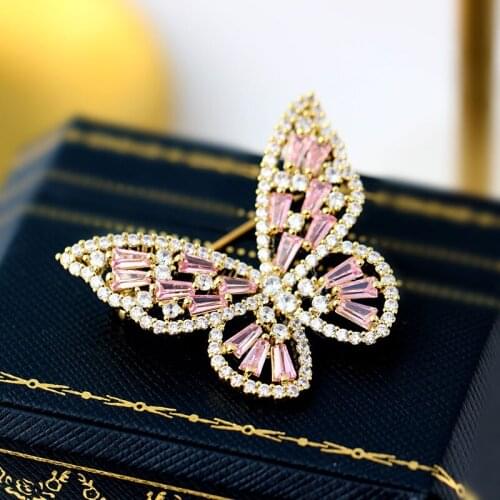 Luxury Pink Rhinestone Crystal Butterfly Brooches Pins For Women Girls Coat Hat Accessory Female Vintage Corsage Insect Broche