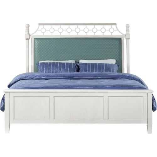 Mediterranean style white and grey color wood 1.8 1.5M blue leather back bedLit en bois de style méditerranéen WA403