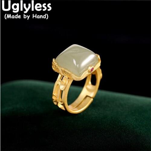 Uglyless Like a Crown on Fingers Natural Hotan Jade Rings for Women Real Gold 925 Silver Rings Simple Fashion Gemstones Jewelry