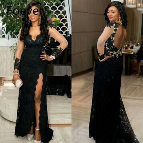 Vintage Black African Lace Prom Dresses 2019 robe de bal Side Split Open Back Mermaid Formal Evening Gowns Black Girls Dress