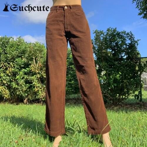 SUCHCUTE Womens Y2K Vintage Corduroy Pants High Waist Female Wide Leg Trousers Streetwear 90s Casual Outfits Pants Brown