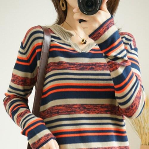 Knit long sleeve womens loose sweater new 2019 autumn and winter v-neck shirt striped knit cashmere sweater bottoming shirt