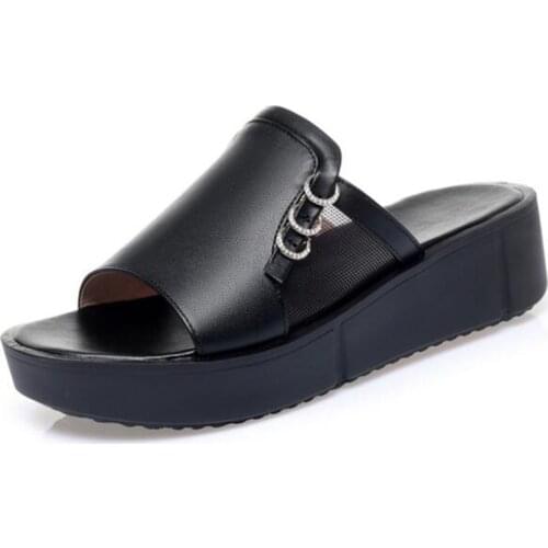 2020 Summer New Women Sandals Thick Bottom Wedge Sandals Slippers Genuine Leather Rhinestone Mesh Fashion Sandals Large Size 43