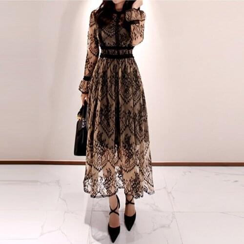 2020 Spring Sexy Long Dress Slim Patchwork Long Sleeved O-neck Hollow Out Lace dress Party Vestidos