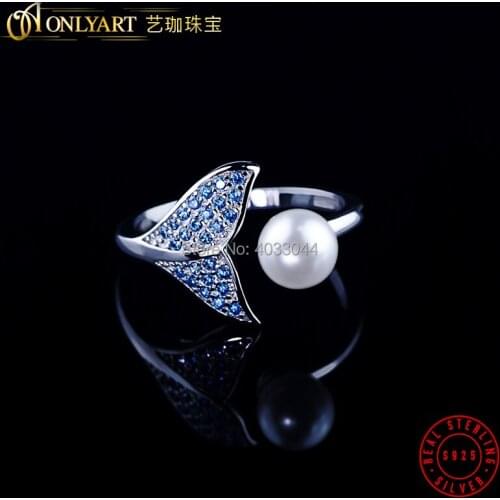 While pearl sterling silver ring women silver dolphin animal rings blue zircons silver 925 pearl cuff rings OnlyArt jewellery