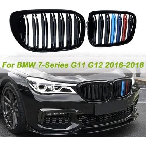 1Pair Car Front Bumper Glossy Black M-Color Double Line Front Kidney Grill Grille Fit For BMW 7 Series G11 G12 2016 2017 2018