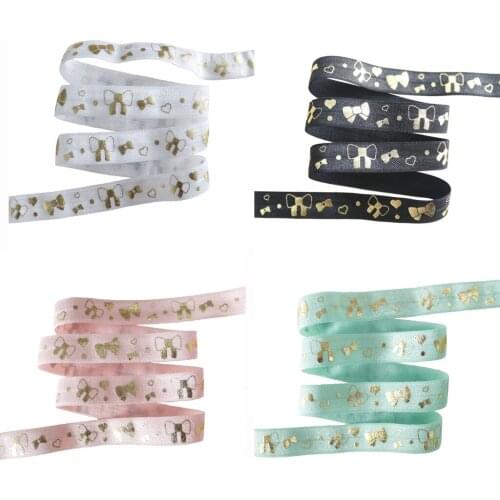 100yards/lot Gold Foil bowknot FOE Ribbon Bow-tie Fold Over Elastic Hair ties accessories welcome custom design