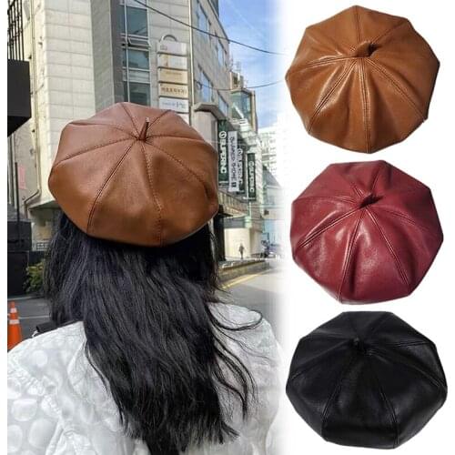 Women Vintage Beret Solid Beret Cap Pu Leather Beret French Artist Warm Beanie Hat Female Ladies Adjustable Pumpkin Hat