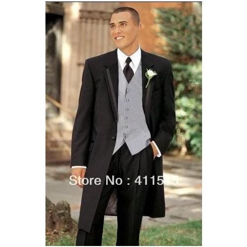 FREE shipping/Long Black Groom wear Tuxedos Notch Lapel Groomsmen Men Wedding Suits/custom made suit,tuxedo/men dress evening