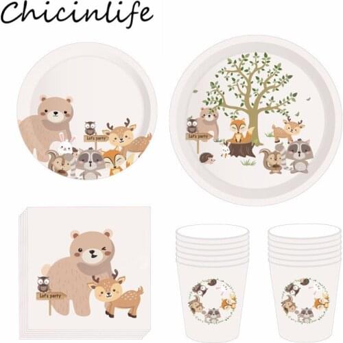 Chicinlife Woodland Animals Paper Plates Cup Banner Disposable Tableware Birthday Party Baby Shower Safari Jungle Party Supplies