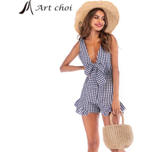 Romper Women Tank Jumpsuit 1 One piece Summer Ladies Plaid Tops Vest Backless Short Pants Casual Sets Suit Sexy V-Neck Sets