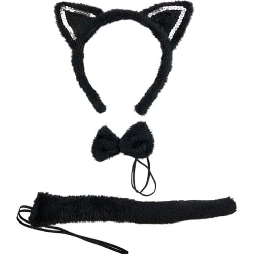 3Pcs Festival Party Cat Ear Hair Hoop Tail Tie Set Halloween Women Girl Headband