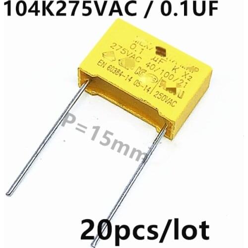 20pcs/lot X2 safety capacitor 104K275VAC MKP 0.1UF 100NF 250V 275V104 Pitch P=15mm
