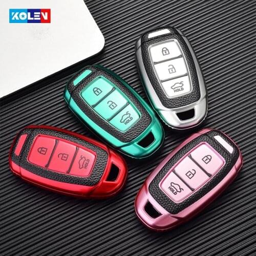 Leather + TPU Car Remote Key Cover Case Fob Keychain For Hyundai i30 i40 ix35 KONA Solaris Grandeur IG Accedt Santa Fe Palisade