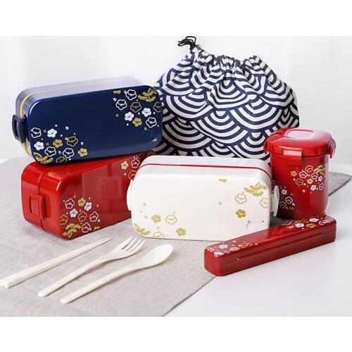 Lunch Box with Bag Spoon Chopstakes 2 Layer Microwave Lunch Box Japanese Wood Bento Box for Kids Food Container Storage Portable