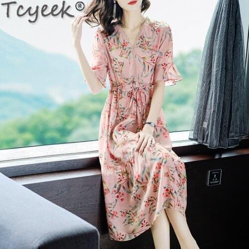 Tcyeek 100% Silk Summer Dresses for Women 2021 Long Floral Beach Dress Ladies Elegant Dress Female Vestido De Mujer Casual Gxy5