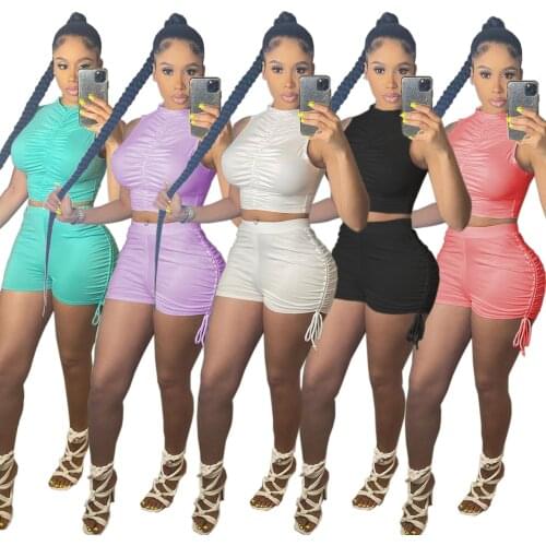 Summer 2 Piece Casual Women Set Outfits Top And Shorts Set Sleeveless Crop Top White And Shorts Sexy Streetwear Tracksuits