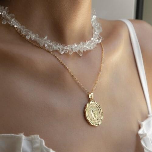LOVOACC Hip Hop Clear Arcylic Stones Pendant Necklace for Women Gold Color Thin Chain Head Portrait Coin Choker Necklaces 2021