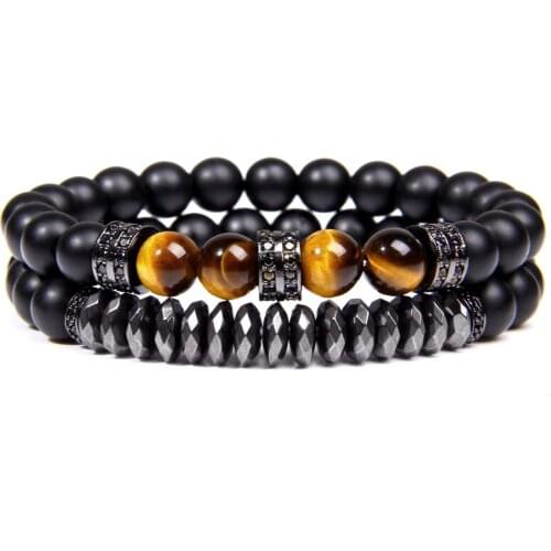 2pcs/set Men Bracelet Natural Tiger Eye Stone Beads Bracelet Cubic Micro Pave CZ Beads Charm Bracelet Bangles Jewelry Homme