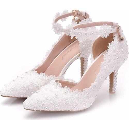 2021 spring new fashion big size flower banquet dress sandals stiletto pointed white lace pearl bridal wedding shoes women