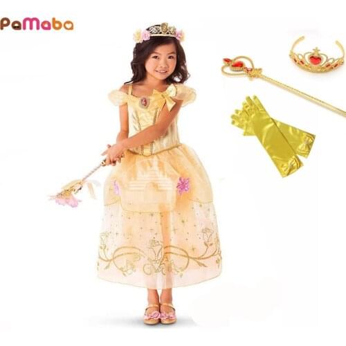 PaMaBa Kids Beauty and the Beast Costume for Girls Age 2-8 Yrs Child Princess Belle Cinderella Aurora Dress Summer Party Frocks