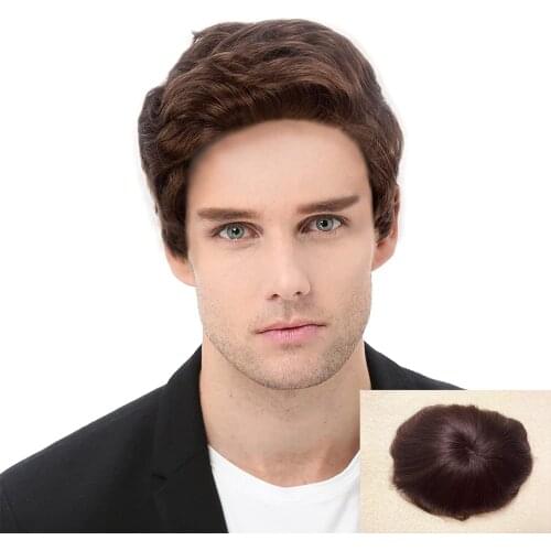 HairPiece Wig Men Toupee Human Hair Handmade Chestnut Brwon Color Soft Thin Super Lace Mono PU Replacement Systems Straight