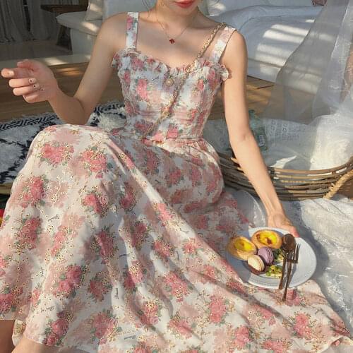 Summer French Sweet Fairy Dress Women Elegant Pearl Button Floral Print Ruffles Party Female Kawaii Cottagecore Dresses Korean