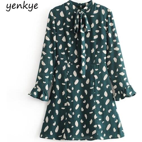 Spring 2020 Women Vintage Print Green Chiffon Dress Elegant Lady Lace Up High Neck Long Sleeve A-line Mini Dress OMZZ6901