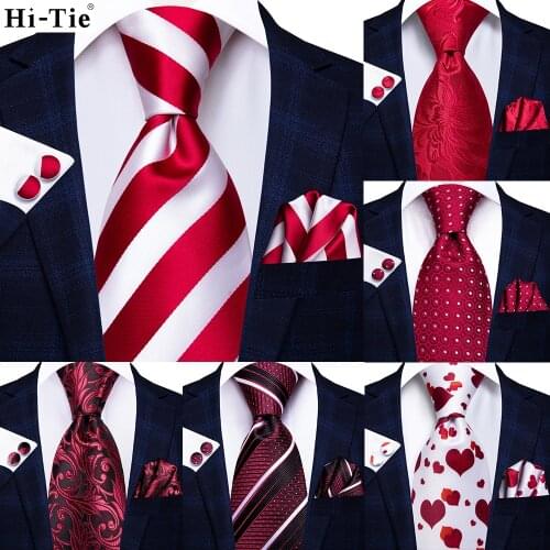 Hi-Tie White Red Striped Paisley Solid Silk Wedding Tie For Men Design Mens Necktie Hanky Cufflink Business Party Dropshipping