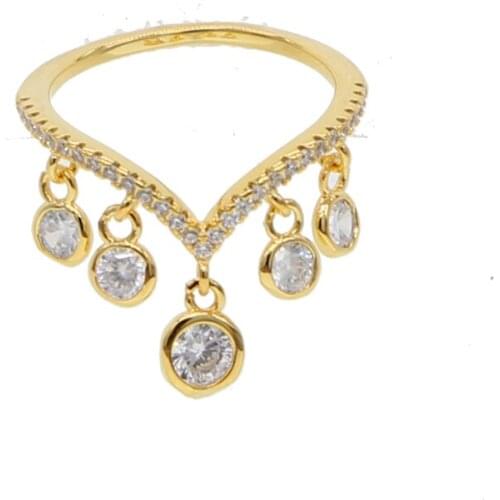 Luxury gold color ring for women wedding jewelry top quality delicate thin tiny ring with 5pc drop cz charm V shape ring cheap