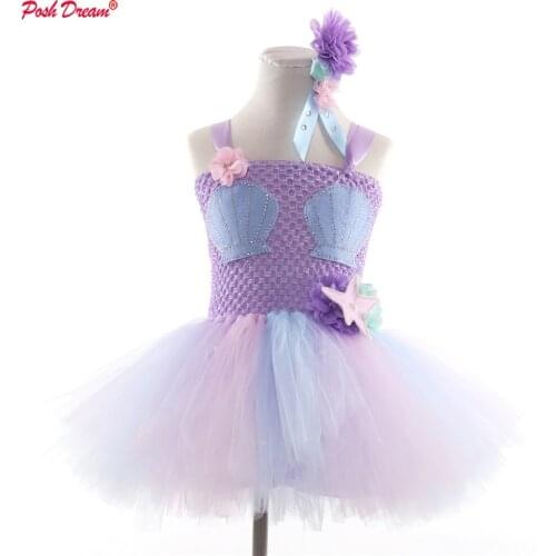 POSH DREAM Lavender Flower Girls Tutu Dresses for Cosplay Party Sea Shell Patch Lilac Children Halloween Clothes for Girls