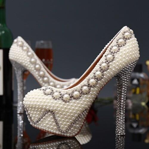 Handmade Gorgeous Super High Heel Shoes Imitation Pearl Rhinestone Shoes White Color Wedding Dress Shoes Bridal Shoes