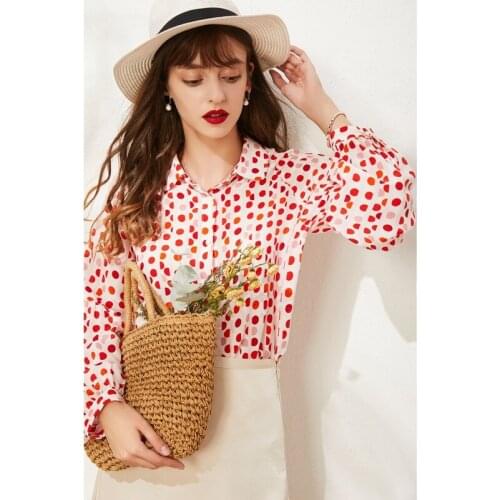 Pure Silk Long Lattern Sleeve Shirt 100% Mulberry Silk Top Women Red Polka Dot Blouse M L XL Free Shipping