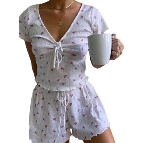 Womens Summer Floral Print Pajamas Set Short Sleeve V-Neck Crop Top Drawstring Loose Pants Ruffles Trim Home Sleepwear Loungewea