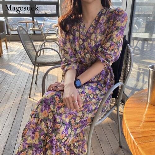 Vintage Dress Romantic Purple Floral Dresses Women Casaul Temperament V-neck Chiffon Dress Spring Long Sleeve Vestido Robe 13256