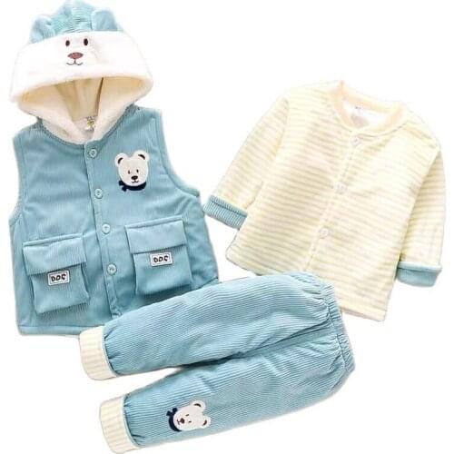 Winter Boys Girls Set Kids Clothes Cotton Corduroy Coat 2021 New Cute Warm Outerwear Pants 3pcs 0-3y Fashion Baby Clothing Suits