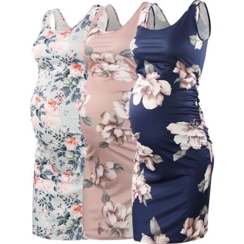 Pack of 3pcs Womens Clothing Maternity Dress Sleeveless Ruched Floral Pregnancy Dress Mama Summer Tank Tops Dress Baby Shower
